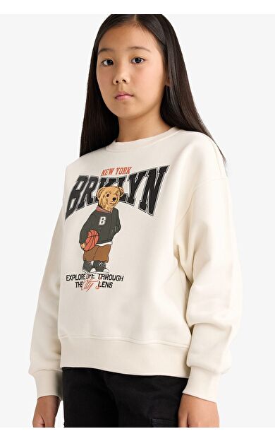 DeFacto Kız Çocuk Relax Fit Bisiklet Yaka Baskılı İçi Yumuşak Tüylü Sweatshirt E6780A825WNER105