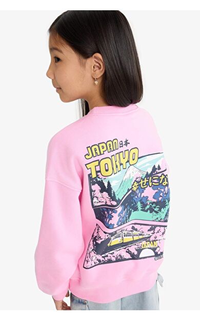 DeFacto Kız Çocuk Oversize Geniş Kalıp Bisiklet Yaka Sırt Baskılı İçi Yumuşak Tüylü Sweatshirt