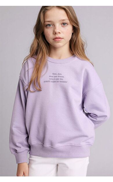 Relax Fıt Bisiklet Yaka Baskılı Sweatshirt Kız Çocuk