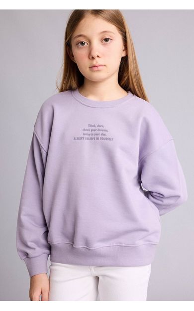 DeFacto Relax Fıt Bisiklet Yaka Baskılı Sweatshirt Kız Çocuk Mor