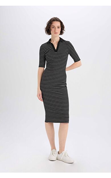 DeFacto Bodycon Vücudu Saran Polo Yaka Fitilli Kaşkorse Kısa Kollu Midi Elbise