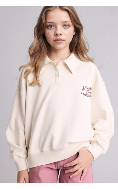 Relax Fıt Polo Yaka Baskılı Sweatshirt Kız Çocuk