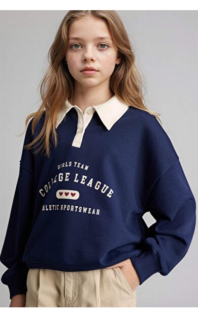 Relax Fıt Polo Yaka Baskılı Sweatshirt Kız Çocuk