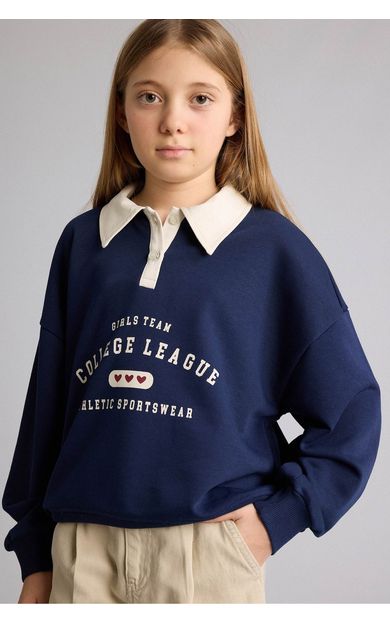 DeFacto Relax Fıt Polo Yaka Baskılı Sweatshirt Kız Çocuk