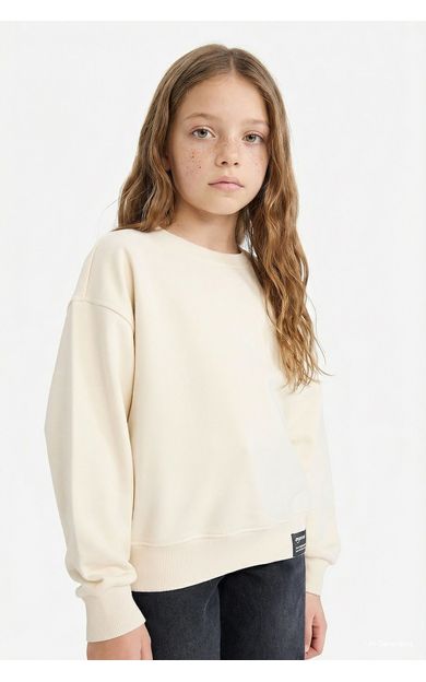 DeFacto Kız Çocuk Relax Fit Bisiklet Yaka Baskılı Sweatshirt Ekru