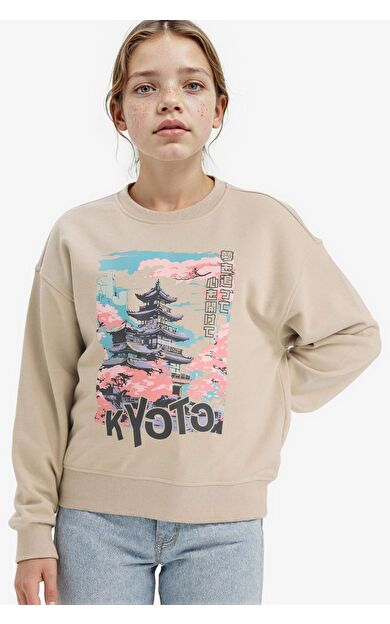 Kız Çocuk Relax Fit Bisiklet Yaka Baskılı Sweatshirt