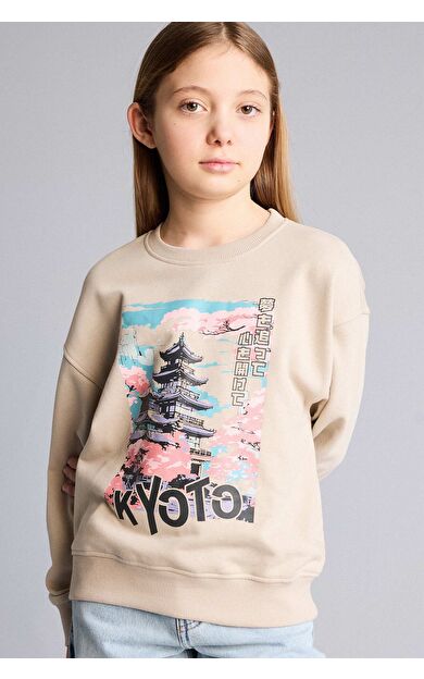 DeFacto Kız Çocuk Relax Fit Bisiklet Yaka Baskılı Sweatshirt