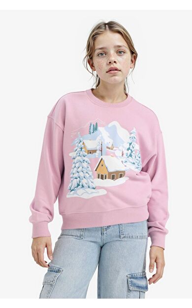 Kız Çocuk Relax Fit Bisiklet Yaka Baskılı Sweatshirt