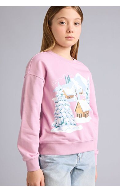 DeFacto Kız Çocuk Relax Fit Bisiklet Yaka Baskılı Sweatshirt