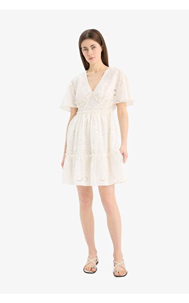 V Yaka Pamuklu Kısa Kollu Mini Elbise