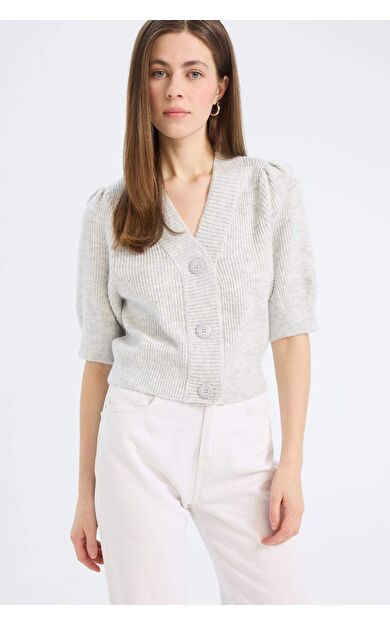 DeFacto Fitted V Yaka Düğmeli Kısa Kollu Triko Hırka E6906AX25SPGR454