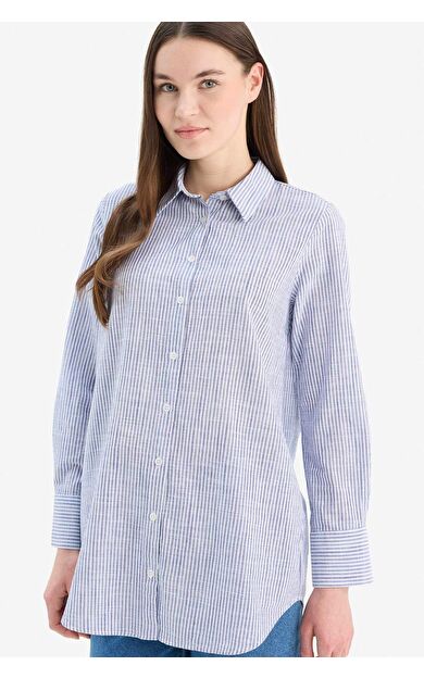 Regular Fit Çizgili Flamlı Pamuk Uzun Kollu Gömlek Tunik