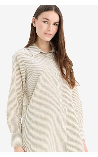 Regular Fit Çizgili Flamlı Pamuk Uzun Kollu Gömlek Tunik
