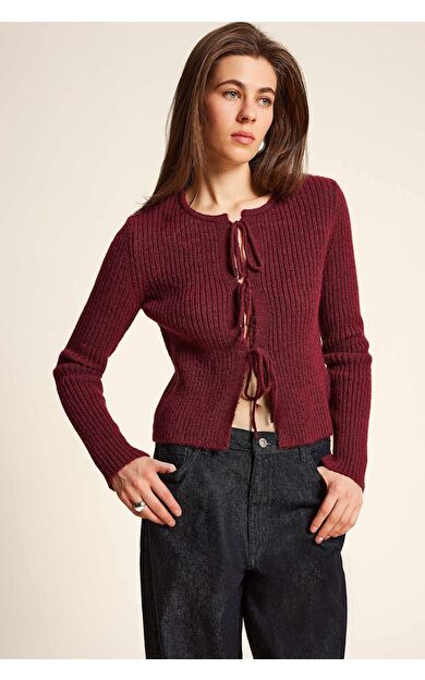 DeFacto Regular Fit Bisiklet Yaka Bağlamalı Basic Düz Triko Bordo Hırka
