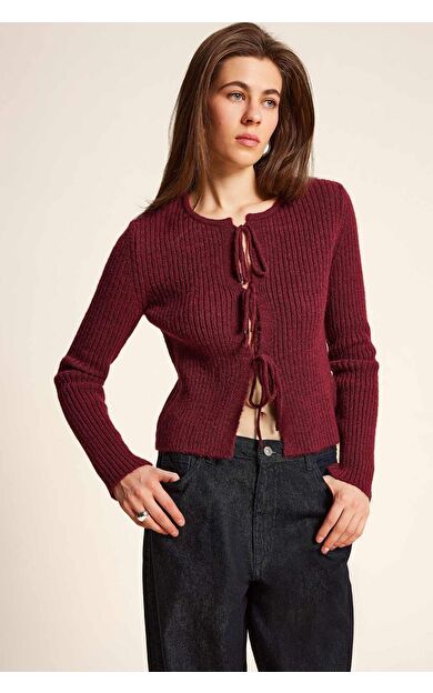 DeFacto Regular Fit Bisiklet Yaka Bağlamalı Basic Düz Triko Bordo Hırka