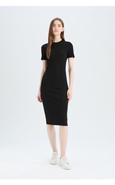 DeFacto Bodycon Vücudu Saran Bisiklet Yaka Basic Düz Fitilli Kaşkorse Kısa Kollu Midi Elbise