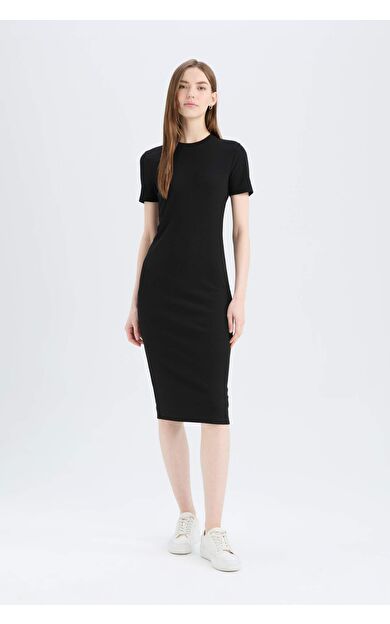 Bodycon Vücudu Saran Bisiklet Yaka Basic Düz Fitilli Kaşkorse Kısa Kollu Midi Elbise