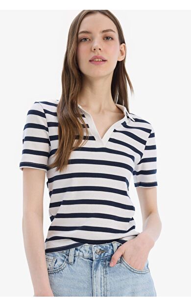 DeFacto Slim Fit Dar Kesim Çizgili Polo Yaka Ribana Kısa Kollu Tişört
