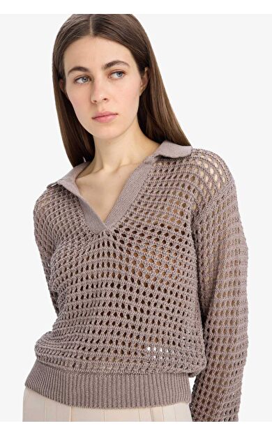 DeFacto Relax Fit Polo Yaka Basic Düz Ajur Triko Kazak E7025AX25SMBG487