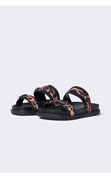 Kadın Leopar Desenli Düz Taban Tek Bantlı Suni Deri Terlik