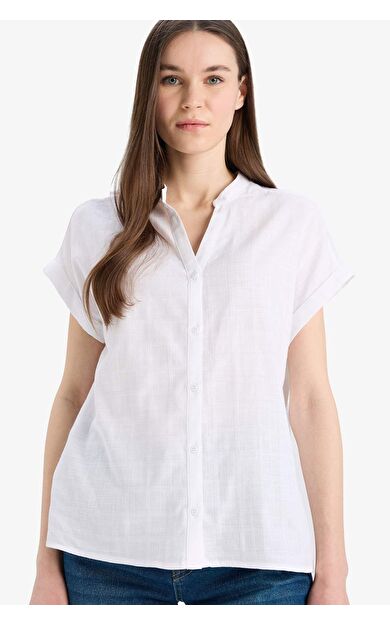 DeFacto Regular Fit Kaçık Yaka Flamlı Pamuk Kısa Kollu Gömlek