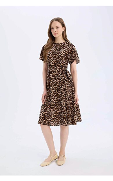 DeFacto Regular Fit Leopar Desenli Bisiklet Yaka Kısa Kollu Midi Elbise