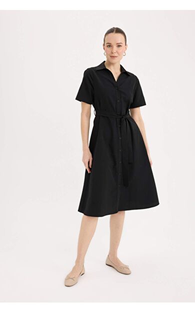 A Kesim Gömlek Yaka Poplin Kısa Kollu Midi Elbise
