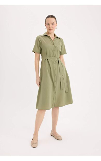 A Kesim Gömlek Yaka Poplin Kısa Kollu Midi Elbise