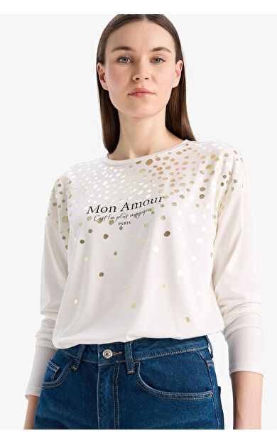 DeFacto Bisiklet Yaka Baskılı Uzun Kollu Tişört