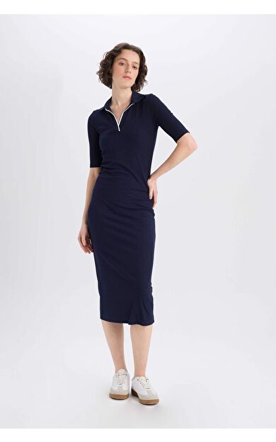 Bodycon Vücudu Saran Polo Yaka Fitilli Kaşkorse Kısa Kollu Midi Elbise