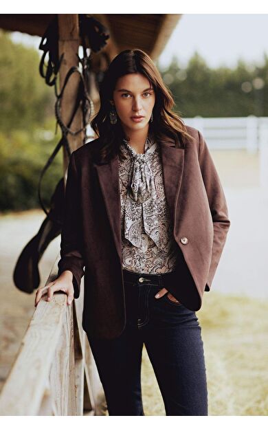 DeFacto Regular Fit Fiyonk Yaka Şal Desenli Şifon Uzun Kollu Gömlek