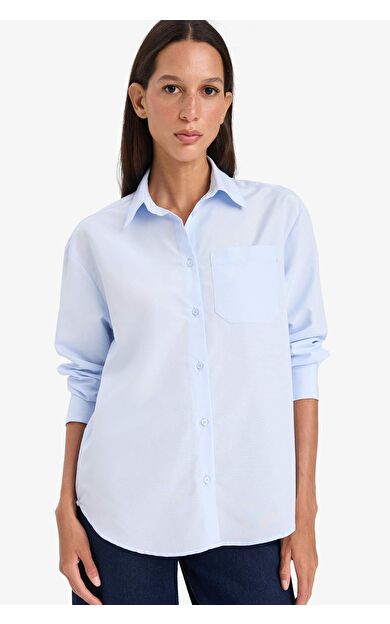 DeFacto Oversize Geniş Kalıp Gömlek Yaka Poplin Uzun Kollu Gömlek E7188AX25SPBE743