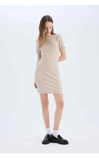 Coool Bodycon Vücudu Saran Bisiklet Yaka Fitilli Kaşkorse Kısa Kollu Mini Elbise