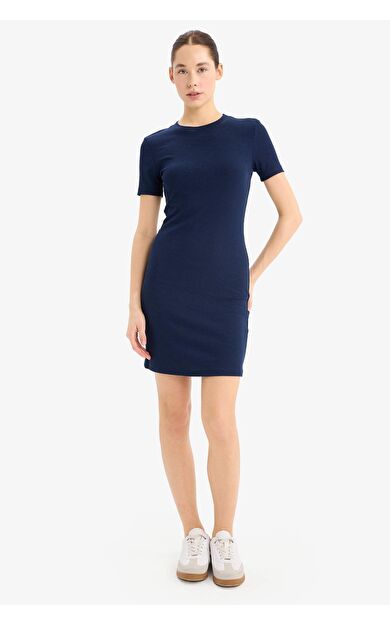 Coool Bodycon Vücudu Saran Bisiklet Yaka Fitilli Kaşkorse Kısa Kollu Mini Elbise