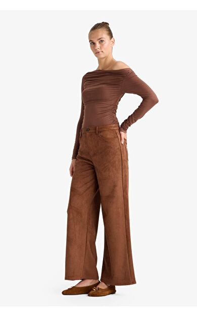 Straight Fit Fermuarlı Yüksek Bel Standart Boy Süet Pantolon