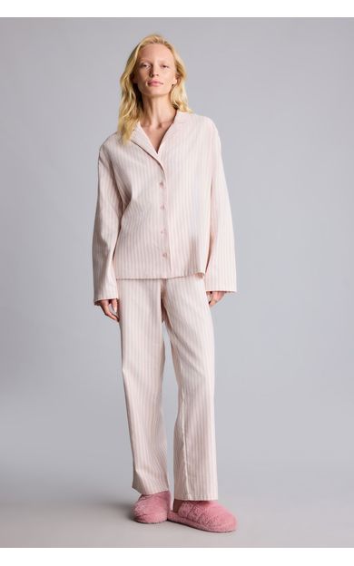 DeFacto %100 Pamuk Regular Fit Flanel Çizgili Uzun Kollu Üst Uzun Alt Pijama Takımı
