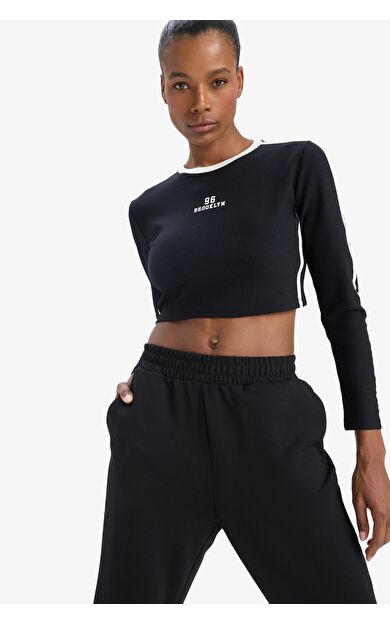 DeFacto DeFactoFit Slim Fit Dar Kesim Bisiklet Yaka Baskılı Sporcu Uzun Kollu Tişört