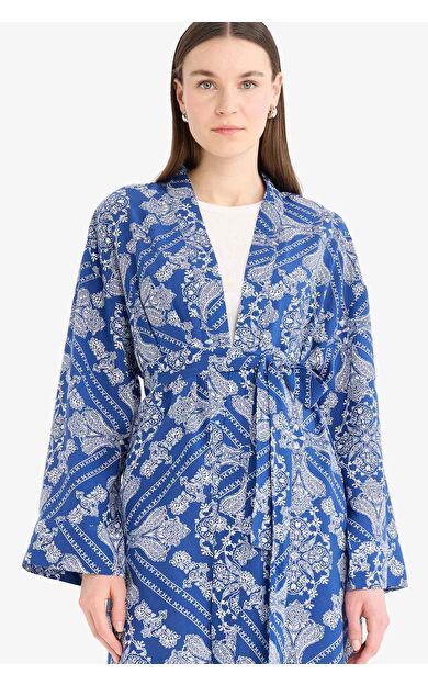 Relax Fit Bisiklet Yaka Desenli Viskon Kimono