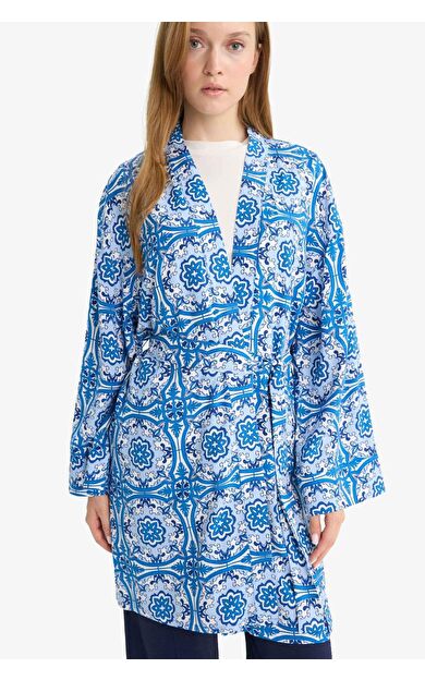 Relax Fit Bisiklet Yaka Desenli Viskon Kimono