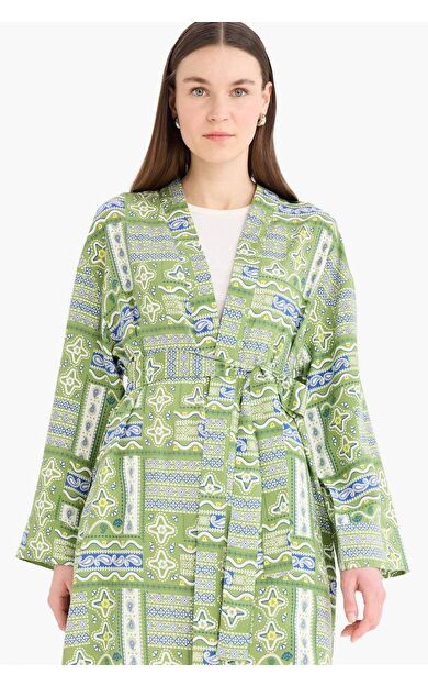 DeFacto Relax Fit Bisiklet Yaka Desenli Viskon Kimono