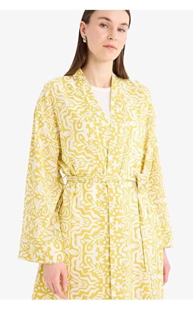 Relax Fit Bisiklet Yaka Desenli Viskon Kimono