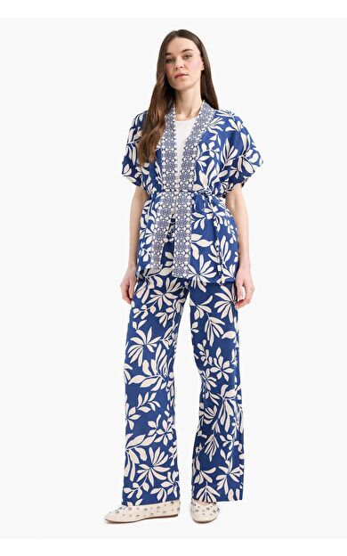 DeFacto Regular Fit Desenli Cep Detaylı Düz Paça Keten Karışımlı Pantolon