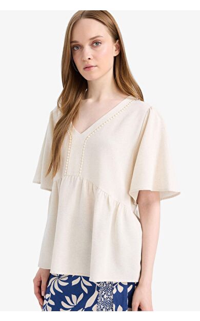 Regular Fit V Yaka Keten Karışımlı Uzun Kollu Bluz