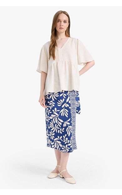 egular Fit Desenli Keten Karışımlı Midi Etek