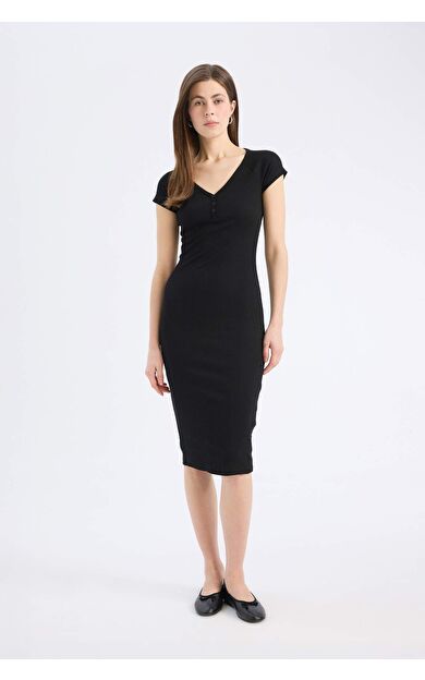 Bodycon Vücudu Saran V Yaka Fitilli Kaşkorse Kısa Kollu Midi Elbise