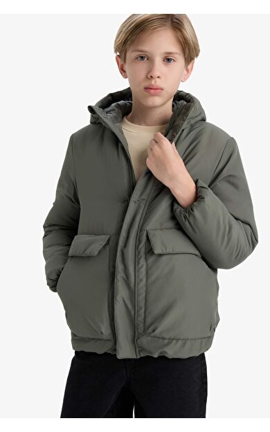 Erkek Çocuk Su İtici Kapüşonlu Fermuarlı Şişme Mont
