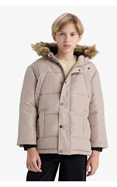 Erkek Çocuk Çıkarılabilir Suni Kürk Yaka Kapüşonlu Polar Astarlı Mont