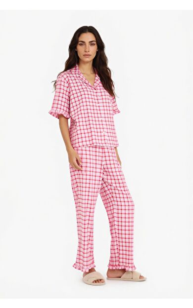 DeFacto Pijama Takımı Kareli Kısa Kollu Üst Uzun Alt-Fall in Love