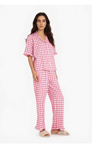 DeFacto Pijama Takımı Kareli Kısa Kollu Üst Uzun Alt-Fall in Love