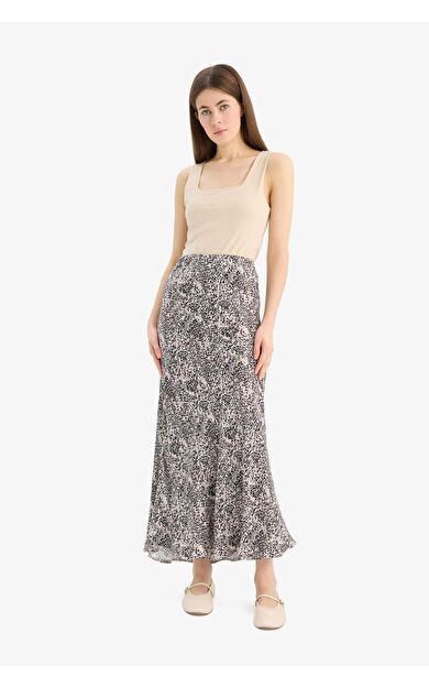A Kesim Leopar Desenli Normal Bel Midi Saten Etek